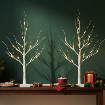 Olsen & Smith Set of 2 Pre-Lit 60cm (2ft) White Birch Twig Trees – Battery Operated Mini Christmas Tree Ornaments with 24 Warm White LED Lights & Timer for Home, Tabletop, Party & Wedding Décor